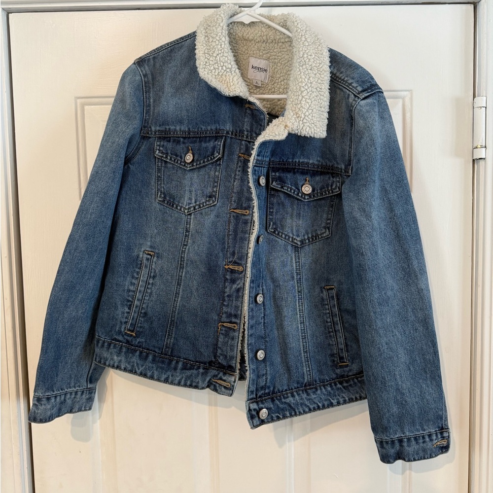 Kensie Blue Denim Jacket with White Sherpa Collar